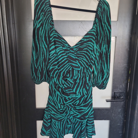 NWT ZARA zebra green black ruched party mini dress elastic puffy sleeves XXL - Picture 3 of 11